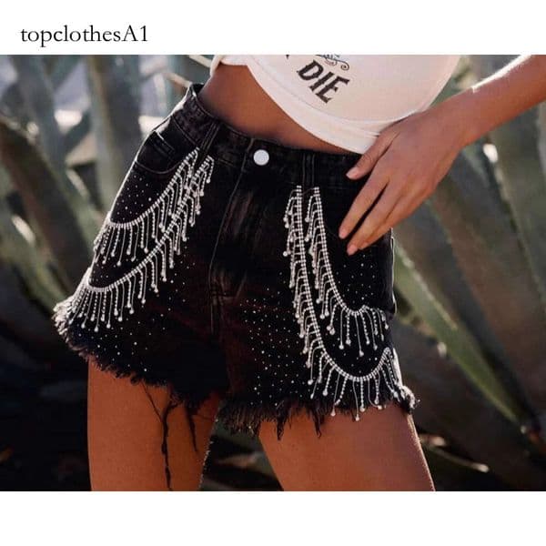 Sexy Tassel Rhinestone Chain For Women. Women's Denim Shorts MAKOUFEI