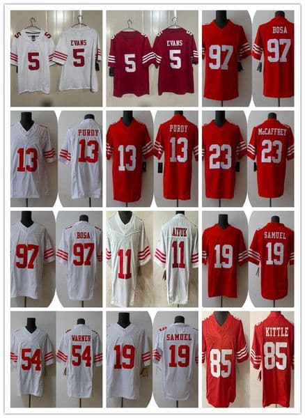 Mens Mike Evans San Francisco Jersey McCaffrey Purdy George Kittle Nick Bosa Deebo Samuel Fred Warner Aiyuk Football Jerseys Home Away Red White Stitiched
