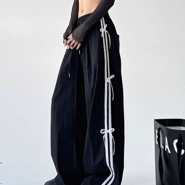2026 Trendy Versatile Quick-Drying Wide-Leg Pants Korean Style Black Strappy Bowknot Loose Slimming Elastic Waist Casual Trousers