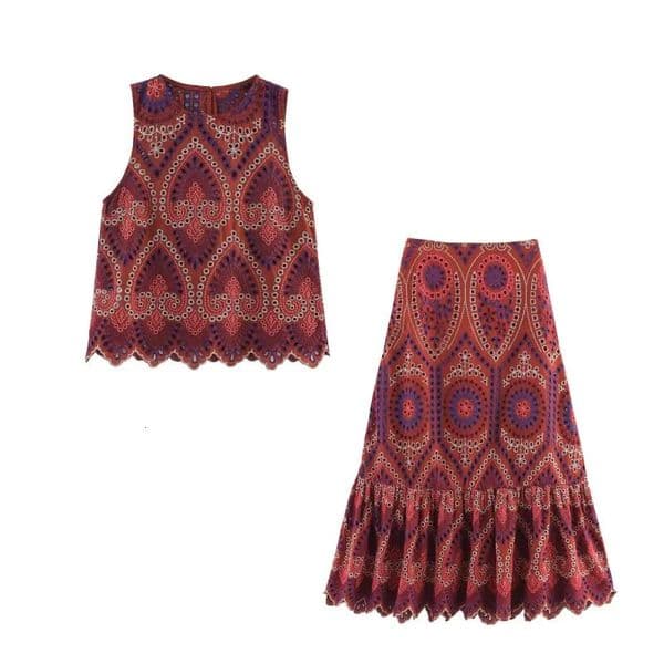 Womens Summer Exotic Style Sleeveless Set Symmetric Pattern Ruffle Top Matching Pleated Skirt Comfortable Outfit Limited Stock 260430