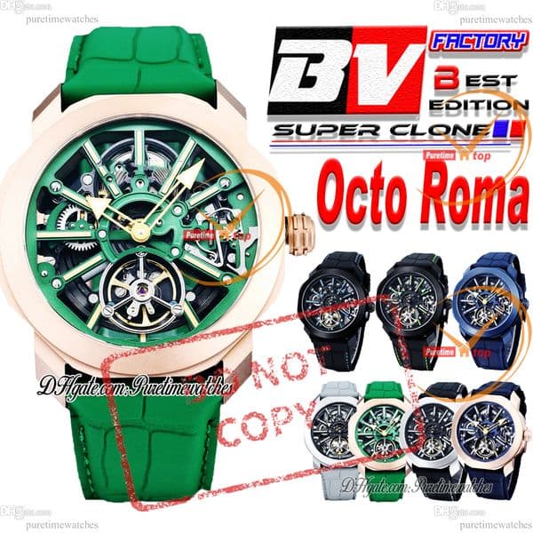 Octo Roma Tourbillon Automatic Mens Watch TWF 44m Rose Gold Black Skeleton Green Stick Dial Leather Strap Puretimewatches CHS Reloj Hombre Super