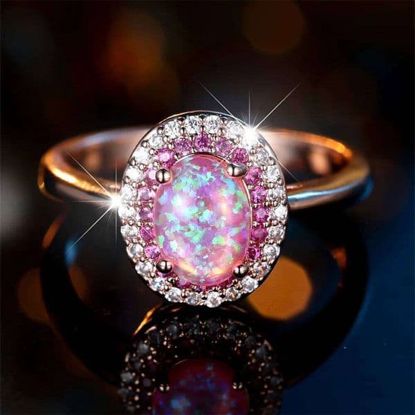 Elegant Pink Opal Big Oval Stone Rings For Women Vintage Rose Gold Color Engagement Promise Bands Wedding Jewelry Bridal Gifts