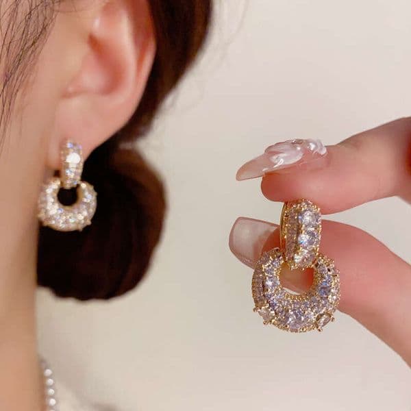 French Style Light Luxury High-End Micro Inlaid Full Diamond Geometric Two-Way Wear for Women Exquisite Fashion Versatile Super Shiny Earrings Wholesale
