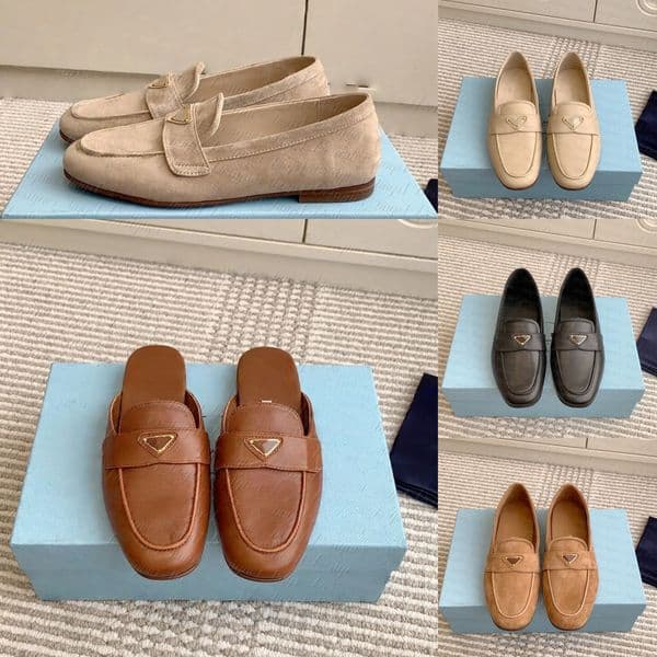 Luxury Scuffs outdoor Business loafers Designer Women Men Round square head Mules shoe Party Genuine Leather Suede Slip-On Dress Shoes High quality Flat Heel sandale