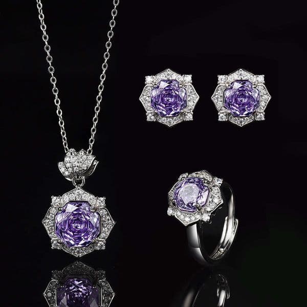 Cross-border hot-selling millennium octagonal rose-cut purple zirconium pendant necklace for women, inlaid with high-carbon diamonds, colored gemstone ring and