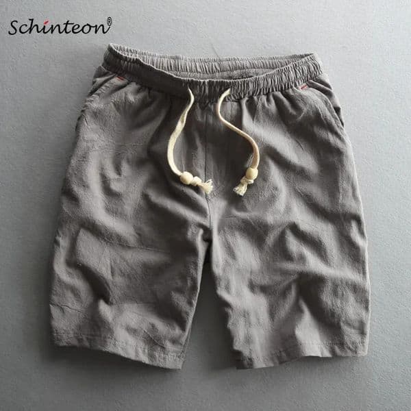 Schinteon Summer Men Casual Cotton Linen Shorts Knee Length Beach Elastic Waist Shorts Solid Color Comfortable Pants 260429