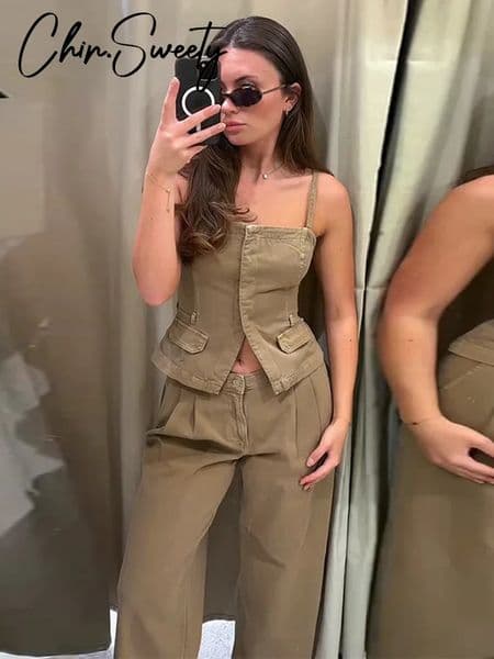 Street Solid Vest Pants Women Set Beach Sling Single Breasted Top Wide Leg Trousers 2026 Spring Summer Holidays Lady Outfit 260430