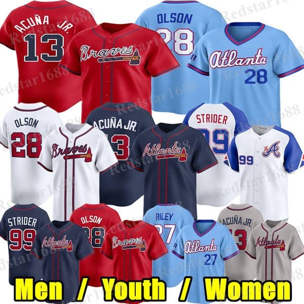 Braves Baseball Jersey Ronald Acuna Jr. Matt Olson Austin Riley Spencer Strider Ozzie Albies Hank Aaron Michael Harris II H.S. Kim Sale Chipper Jones Atlantas Jersey