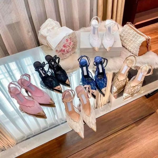 JO Designer Shoes Fashion Ladies Summer Women's Lace Mesh Slingback Heels, Pointed Toe Stiletto Dress Shoes Ankle Strap Gold Tip Party Wedding Shoes Gift 7-9CM Size 35-41