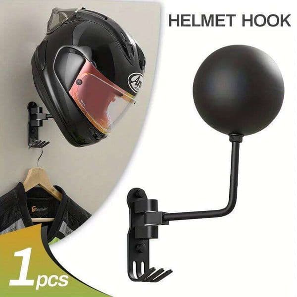 180° Adjustable Motorcycle Helmet Rack, Wall Mount, Vertical | Heavy-Duty 3-Hook Storage for Helmets, Caps, Coats, No-Drill