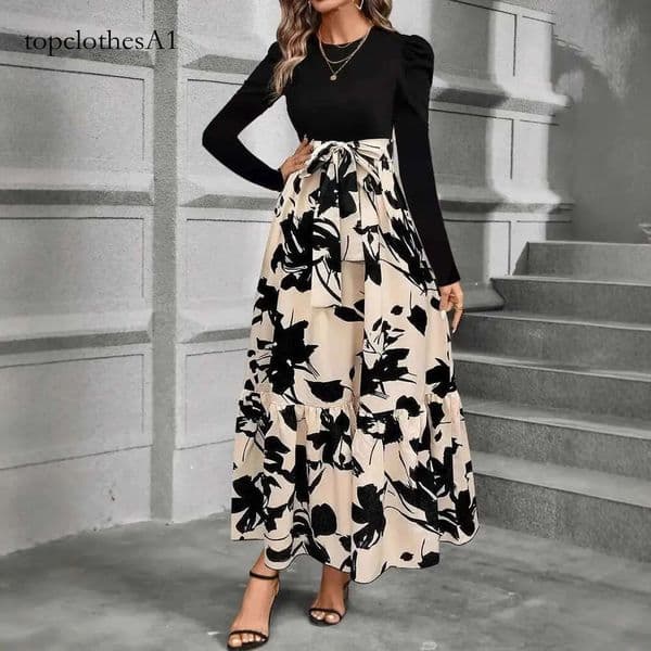Women's Fashion Autumn Hot-Selling Floral Print Round-Neck Long-Sleeve Exotic Vacation Style Elegant Dress
