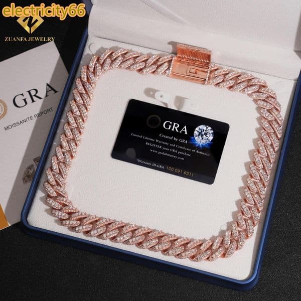 Hip Hop Men Rose Gold Plated 18mm Miami Necklace in 925 Silver Iced Out Moissanite Cuban Link Chain Rock Jewelry