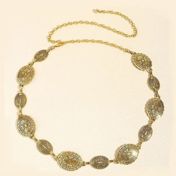Retro style womens metal waist chain accessories Decorative circle carved chain belt high style accessories260429