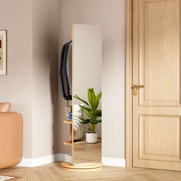 360° Rotating 69"x20" Multifunctional Full Length Hook Storage Coat Rack with Solid Wood Floor Mirror Bedroom Living Room Cloakroom Space Saving (natural wood)
