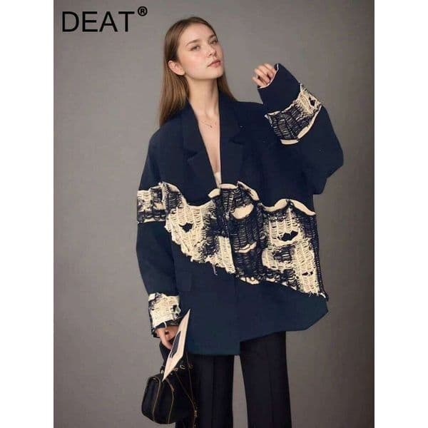 DEAT Fashion Contrast Color Knitted Patchwork Blazer Women s Lapel Loose Fit Single Breasted Suit Jacket Autumn New MAKOUFEI