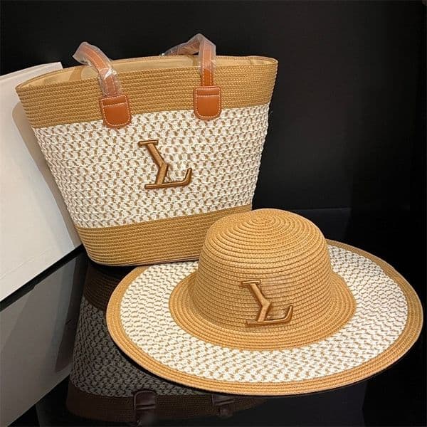 Luxury Designer Monogram Straw Tote Sun Hat Set Woven Pattern Beach Accessories With Metallic Texture