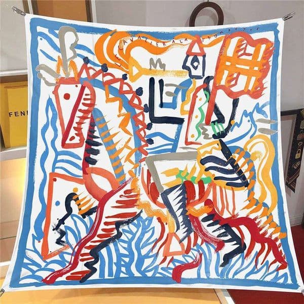 2026 90cm Twill Silk Scarf Shawl Luxury Graffiti Horse Print Square Women Hijabs Bandana Foulard Neckerchief Head Scarves 26H0504