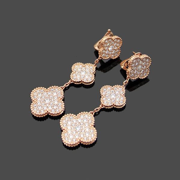 Designer Earrings jewelry Three Flower Full Diamond Clip Inlaid Earrings Studs Clips Vanly Cleeffs