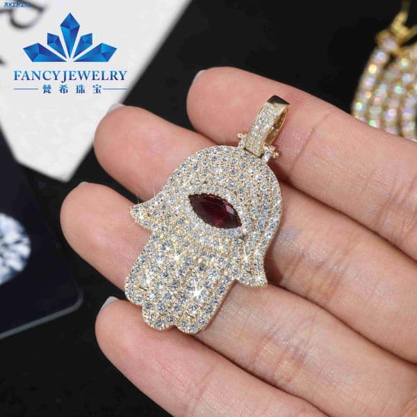 Customization Lab Grown Diamond Hip-hop Jewelry Solid Yellow Gold Hamsa Hand Set IGI Certified Vintage Pendant Necklace