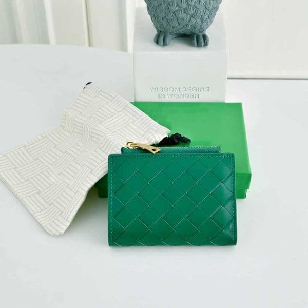 Knitting designer wallet women coin pouch with zipper pocket genuine leather purse Jungle Green clutch bag mini with box