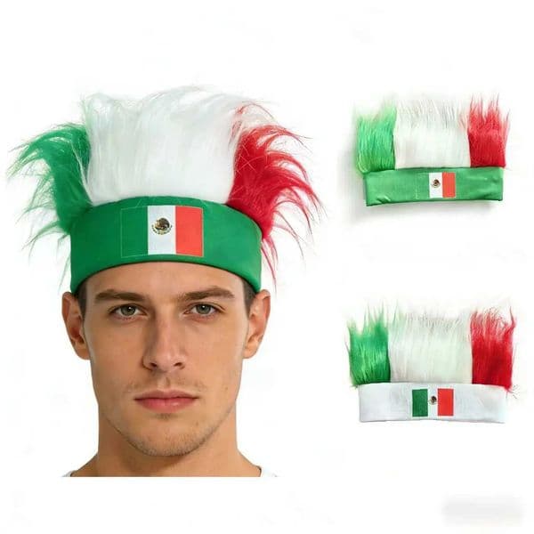 Mexico Flag Fluffy Wig Headband Green White Red Furry Headwear for Football Match Carnival Party Costume Accessory Sports Event X260504