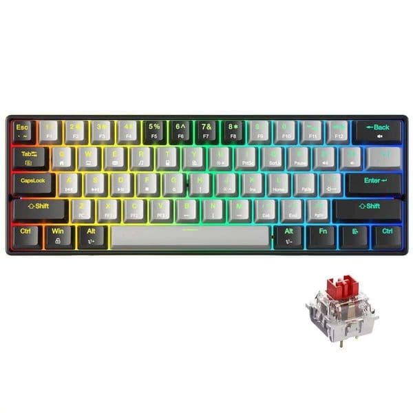 HUO JI Portable 60% Mechanical Gaming Keyboard,RGB LED Backlit Compact 61 Keys Mini Wired Office Red Switch Windows Laptop PC - S260430