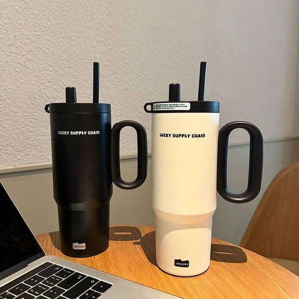 750ML Large Capacity Stainless Steel Thermos Bottle Tea Separation Straw Insulation Water Portable Handle Car Ice Coffee Cup 26L0504
