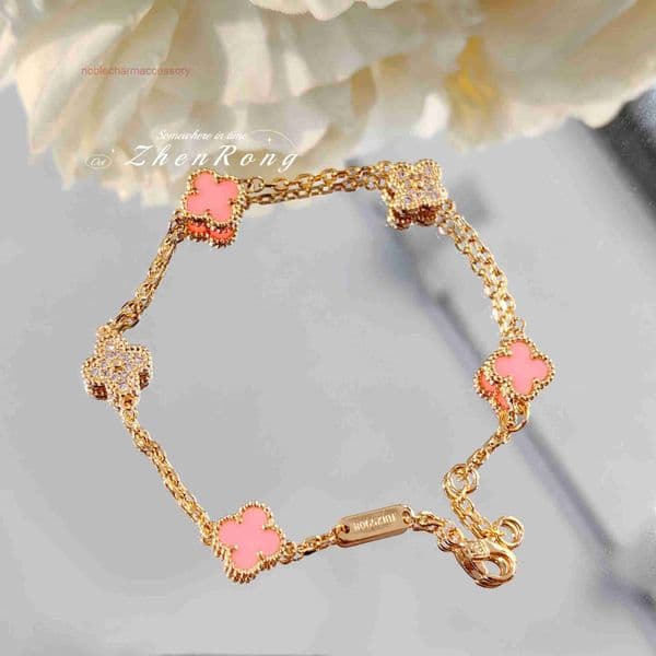 Designer Bracelet Vanly Cleeffs Mini four-leaf clover red agate bracelet V pink crystal accents and lucky white mother-of-pearl for women