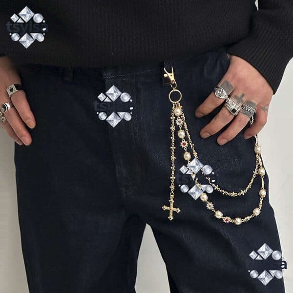 European and American style pearl pants chain for men, hip-hop niche high-end cross pendant waist chain, jeans accessories