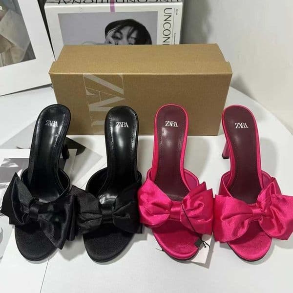 With Box Sandals Designer Luxury Classic Summer New Womens Shoes Pink Bow High Heel Slippers Round Toe Open Back Stiletto High Heels Sandals X260516