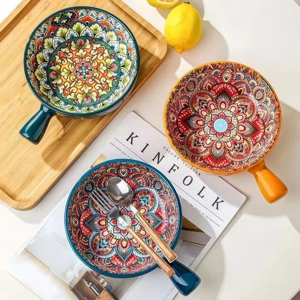 Handpainted relief pattern salad bowl with handle pasta kitchen baking utensils suitable for use in ovens and microwave 260430