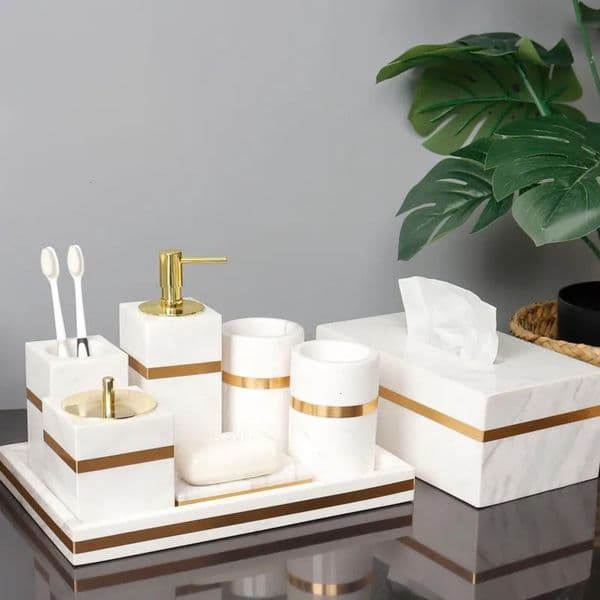 Designer Bath h Accessory Set Volakos White Natural Marble Bathroom Accessories Golden Luxury Soap Dispenser Dish Tray Tissue Box Free Shipping 1
