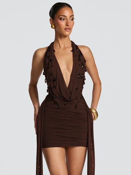 Mozision Halter Deep V Neck Backless Sexy Mini Dress Women Teardrop Crystals Off-shoulder Draped Ruched Skinny Club Party Dress 260430
