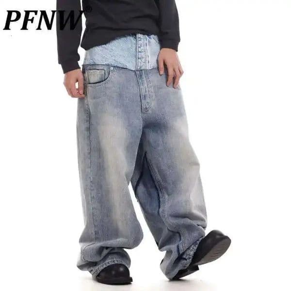 PFNW Niche Colorblock Patchwork Wide Leg Blue Jeans Mens Spring Straight Double Waist n Denim Trousers 28W6048 260429