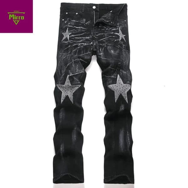 MirrordustDiamond Star Patchwork Jeans Men Fashion Black Straight Slim Denim Pants Rhinestone Splicing Jeans Trousers for Male 260429