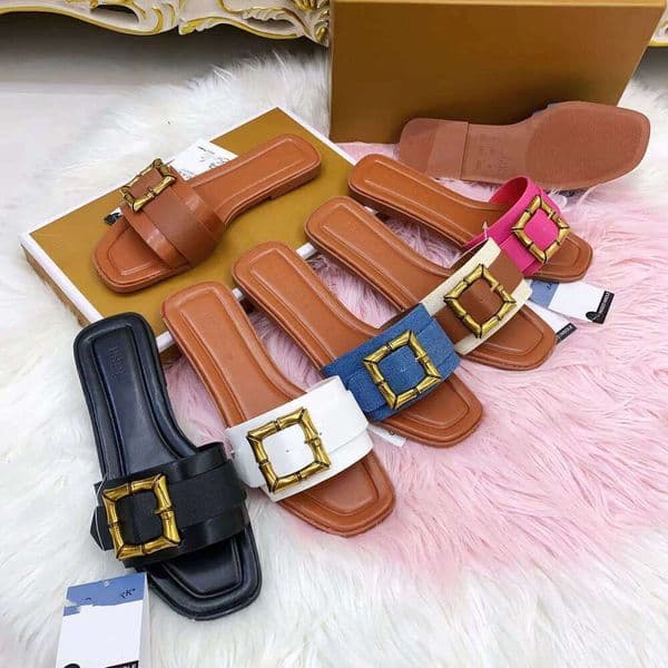 Cross-border P-brand summer new model metal buckle sandals, designer sandals slippers simple solid color slip-on women's shoes