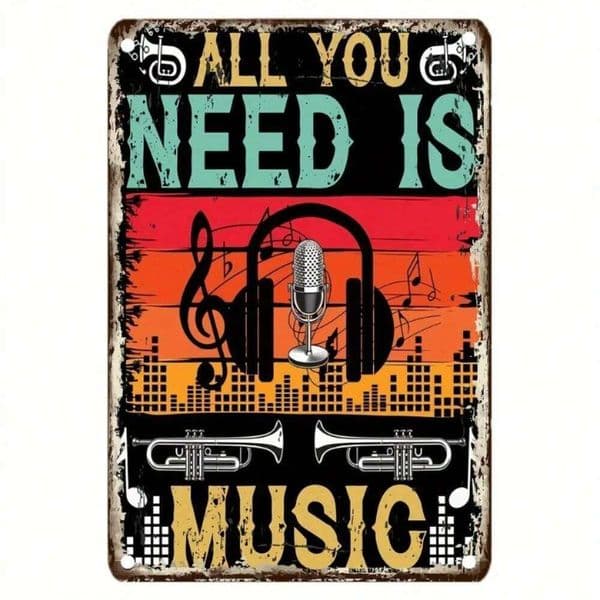 "WeLe Musical Metal Wall Sign - 12x8 Inch Vintage Tin Plaque with Microphone & Headphone, Retro Aluminum Decor" 26H0430