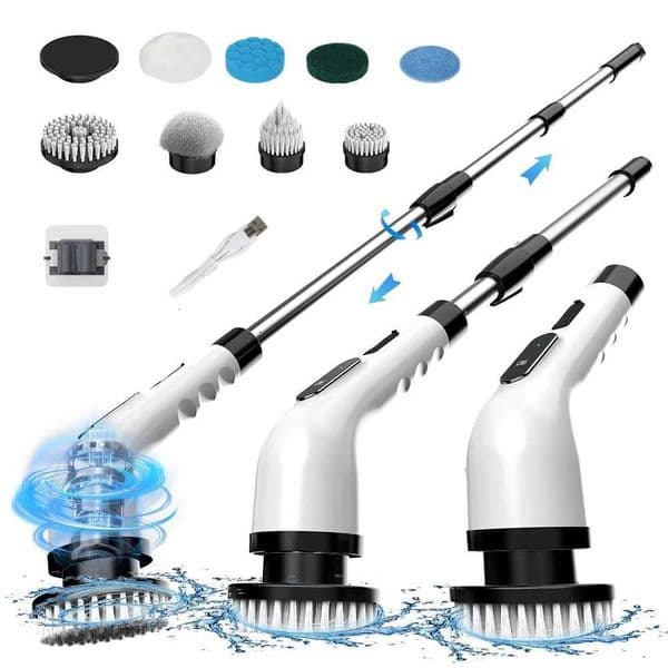 Electric Scrubbing Brush with 8 Heads Rechargeable Spin Cleaner for Showers Pans Cars Sofas X260504