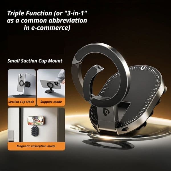Magnetic phone holder with 360-degree rotation function, suitable for use on the desktop or as a portable ring-shaped phone holder for carrying around.