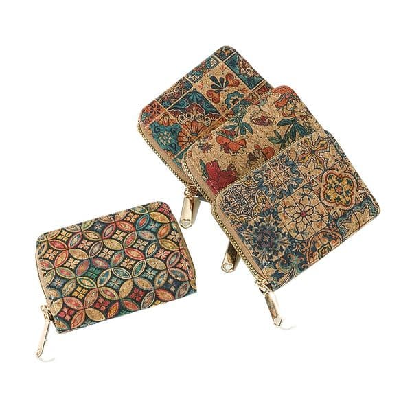 10pcs Card Holder Cork Leather Retro Flower Grid Printing Multifunctional Short Wallet