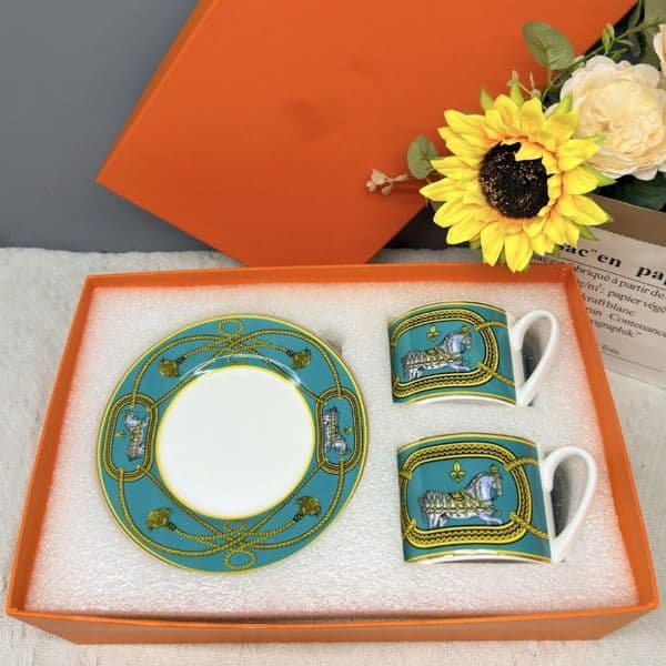 High value bone china retro European Green H coffee cup saucer teacup ceramic water cup light luxury set wholesale business gifts