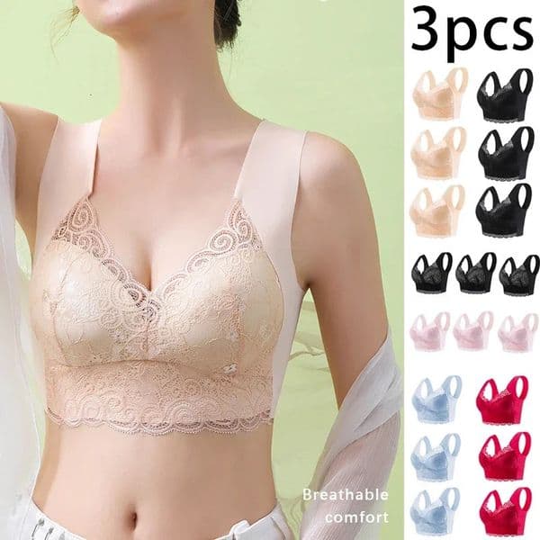 3pcs Ice Silk Seamless Lace Bra Top Support Underwear No Steel Ring Comfortable Large Size Bra Vest Bralette 260429