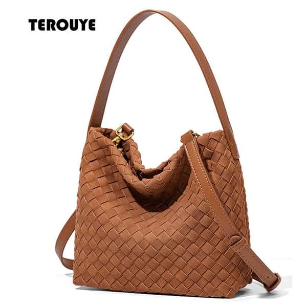 Large Woven Leather Bucket Bag Women's Intreccio Shoulder Handbag Trendy 2026 Daily Commute Tote TEROUYE
