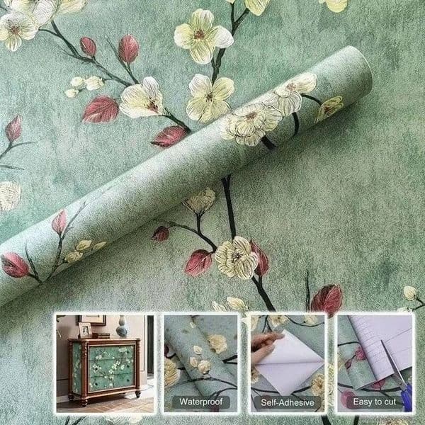 Floral Peel And Stick Wallpaper Green Flower Contact Vinyl Self Adhesive Wall Paper Living Room Bedroom Cabinet Decoration