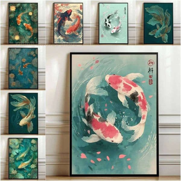 Yin Yang Poster, Koi Fish Wall Art Print Japanese Wave Painting, Sakura Decor, Traditional Asian Art, Zen Home Decor 26H0505