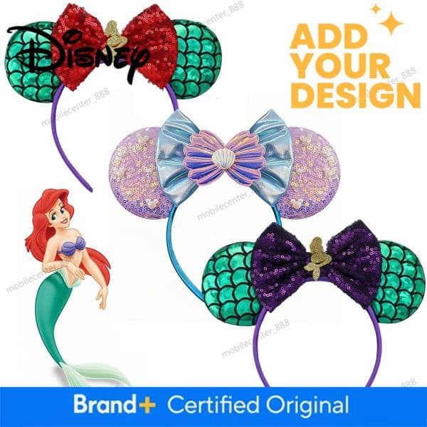 Designer Disney The Little Mermaid Ariel Sequin Bow Mouse Ears Headband Cartoon Birthday Party Halloween Cosplay Hair Accessories Gift Luxury