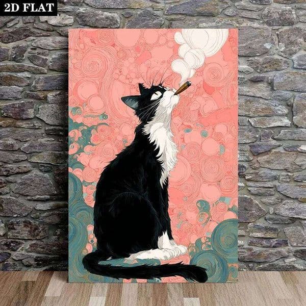 Frameless Mid-Century Modern Cat Canvas Wall Art 12x18 Inch Black White with Pink Blue Swirl Decor for Living Room Bedroom 26H0505
