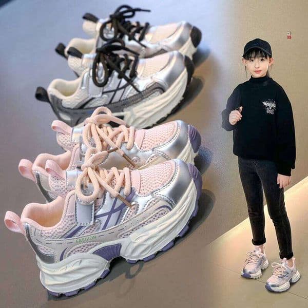 New autumn and winter running girls' sports shoes, large children's soft-soled breathable mesh casual shoes 26Y0505