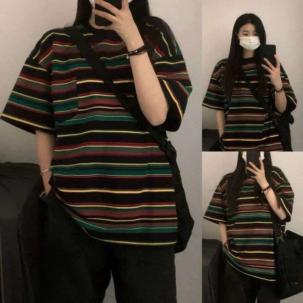 Retro Striped Loose Casual Round Neck Short-sleeve T-shirt Summer Harajuku Students Men & Women Half-sleeve Couple Shirt Top 26W0505