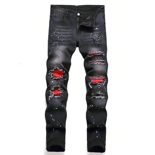 Men's Y2K Fashion Ripped Patchwork Hole Straight Black Jeans Slim Fit Stretchy Skinny Denim Pants Casual Hip Hop Brand Trousers 26Y0505